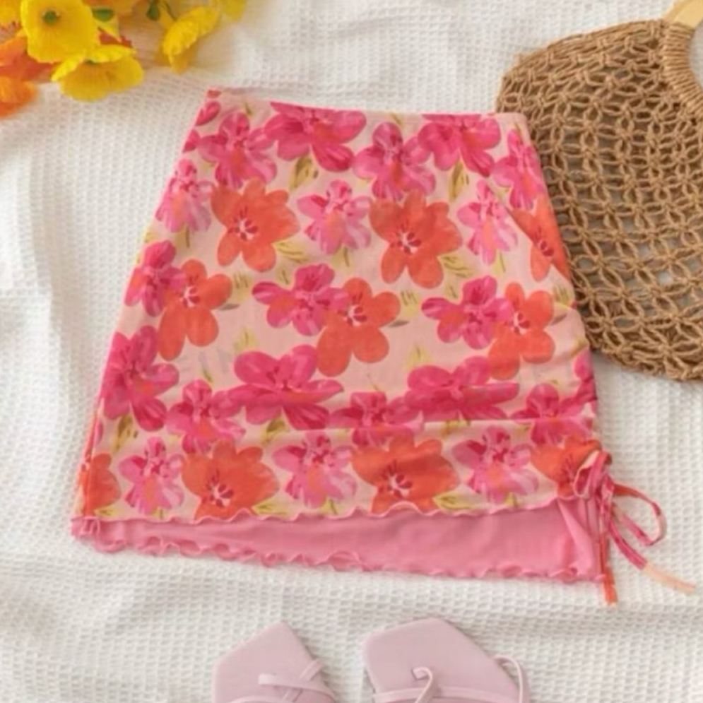Cover up C031 กระโปรงสั้น ลายดอก รูดข้าง ชายหยัก