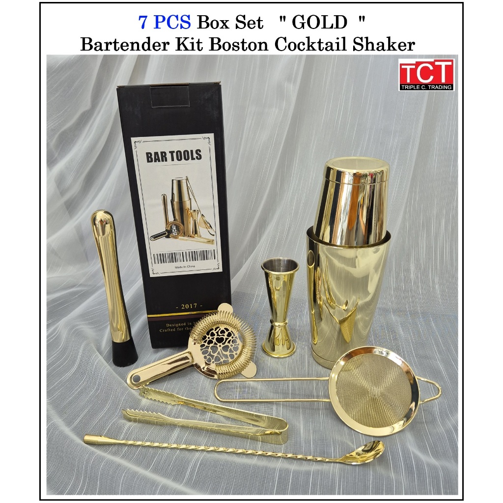 ชุดเชคเกอร์ สีทอง จำนวน 7 ชิ้น ครบชุดอย่างดี Cocktail Shaker Set Stainless Steel Bartender Kit "Gold "