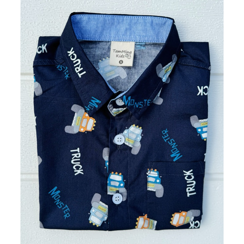 เสื้อเชิ้ตเด็กลายรถกรมท่า คอนตอนเนื้อดี เสื้อหล่อ เสื้อเด็กชาย