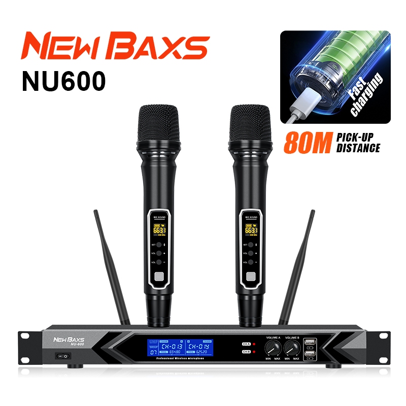 NEW BAXS ไมโครโฟนไร้สาย NU600 สามารถชาร์จไฟได้และมีชิปขยายสัญญาณในตัวที่สามารถรับการแสดงบนเวที KTV ได้ในระยะ 80 เมตร