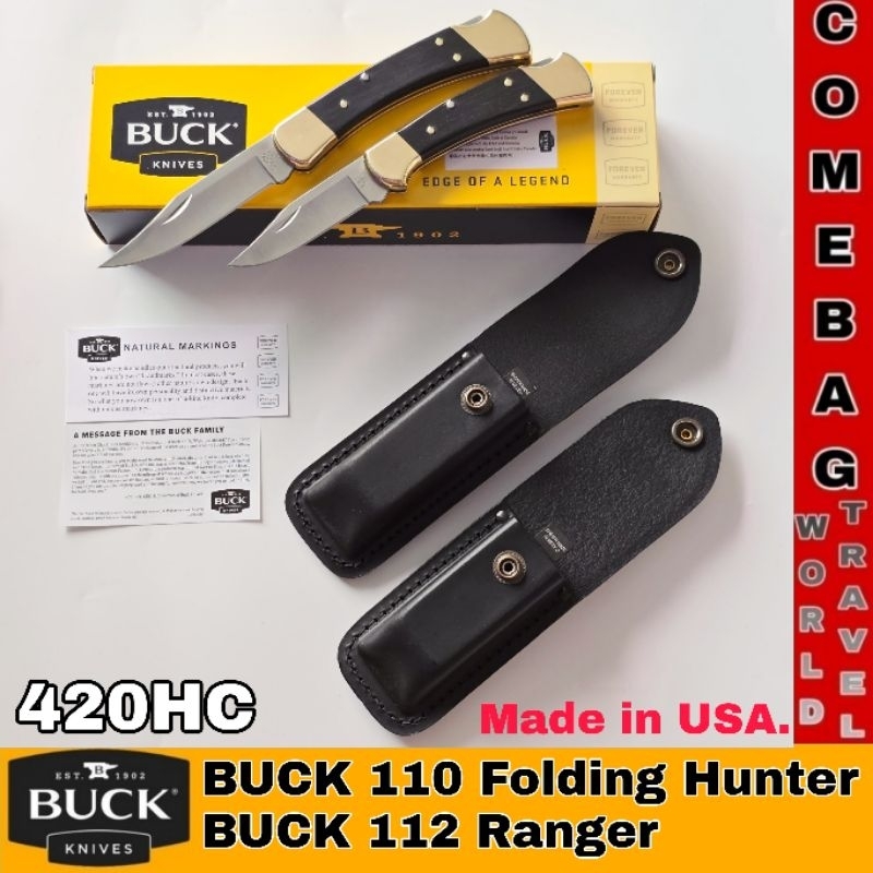 มีดพับBuck110 ,Buck112 ด้ามไม้มะเกลือ ด้ามเรียบ พร้อมซองหนัง ใบมีดสแตนเลส 420HC ของแท้ ผลิตอเมริกา🇺🇸