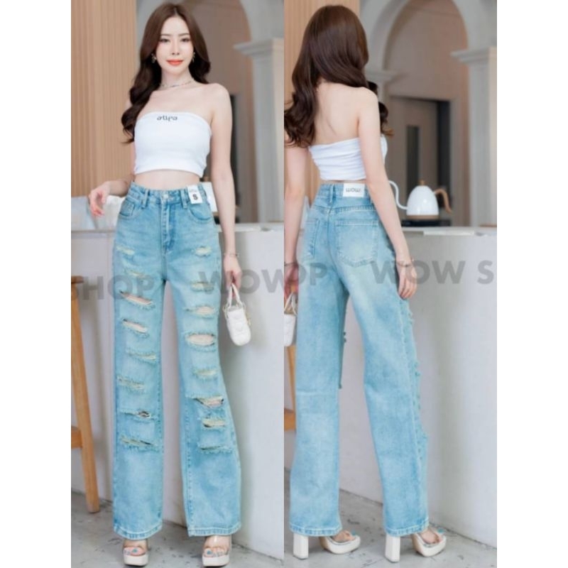 8263#wowกางเกงยีน​ส์ขากระบอกสีฟอกผ้่าไม่ยืดดอวสูง​
