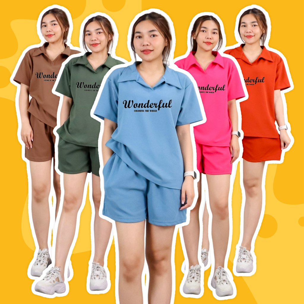 5504+img-50# ชุดเซ็ท เสื้อคอปก แขนสั้น สกรีนลายตัวอักษร+กางเกงขาสั้น ผ้าวูลเวฟ