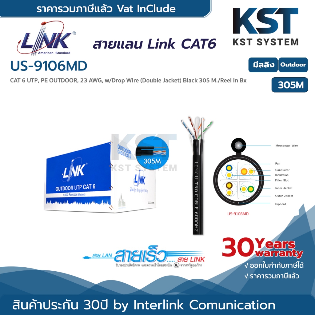 Link US-9106MD สายแลน Cat6 มีสลิง 305เมตร (ภายนอก)