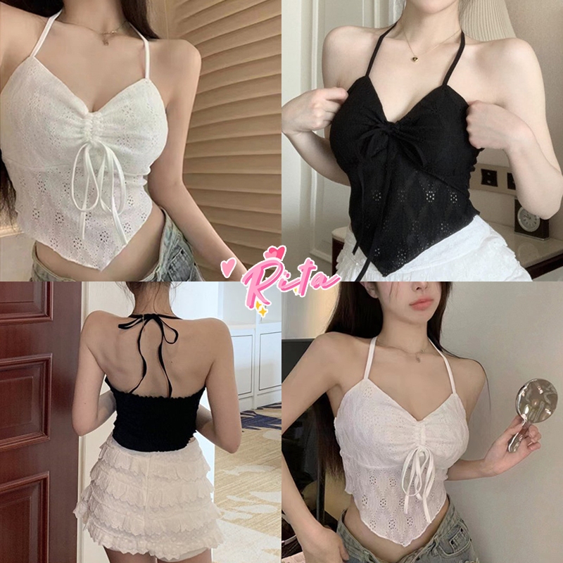 Rita พร้อมส่ง🧸เสื้อคล้องคอเซ็กซี่ผู้หญิง เสื้อสายเดี่ยว ดีเทลลายฉลุ ผ้าลูกไม้ ทรงสามเหลี่ยม สม็อคหลัง ชุดไปทะเล