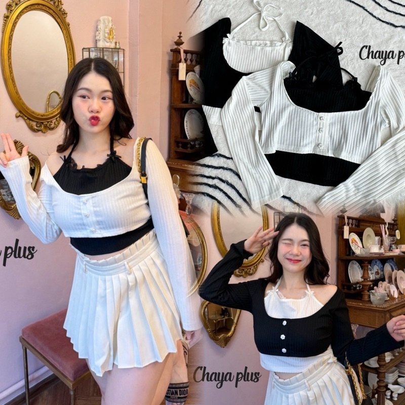 เสื้อครอปคล้องคอแขนยาว ครอปสาวอวบ อก36-50นิ้ว plussize