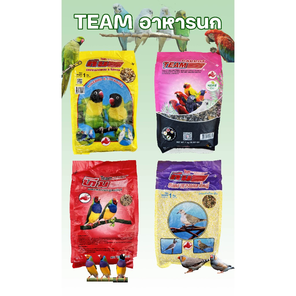 อาหารนกทีม TEAM แพ็คเกจ 1kg. อาหารนกแก้ว นกเลิฟเบริด์ อาหารหงษ์หยก อาหารนกซัลคานัวร์ อาหารนกค็อกคาเทล นกฟินซ์ นกเขาใหญ