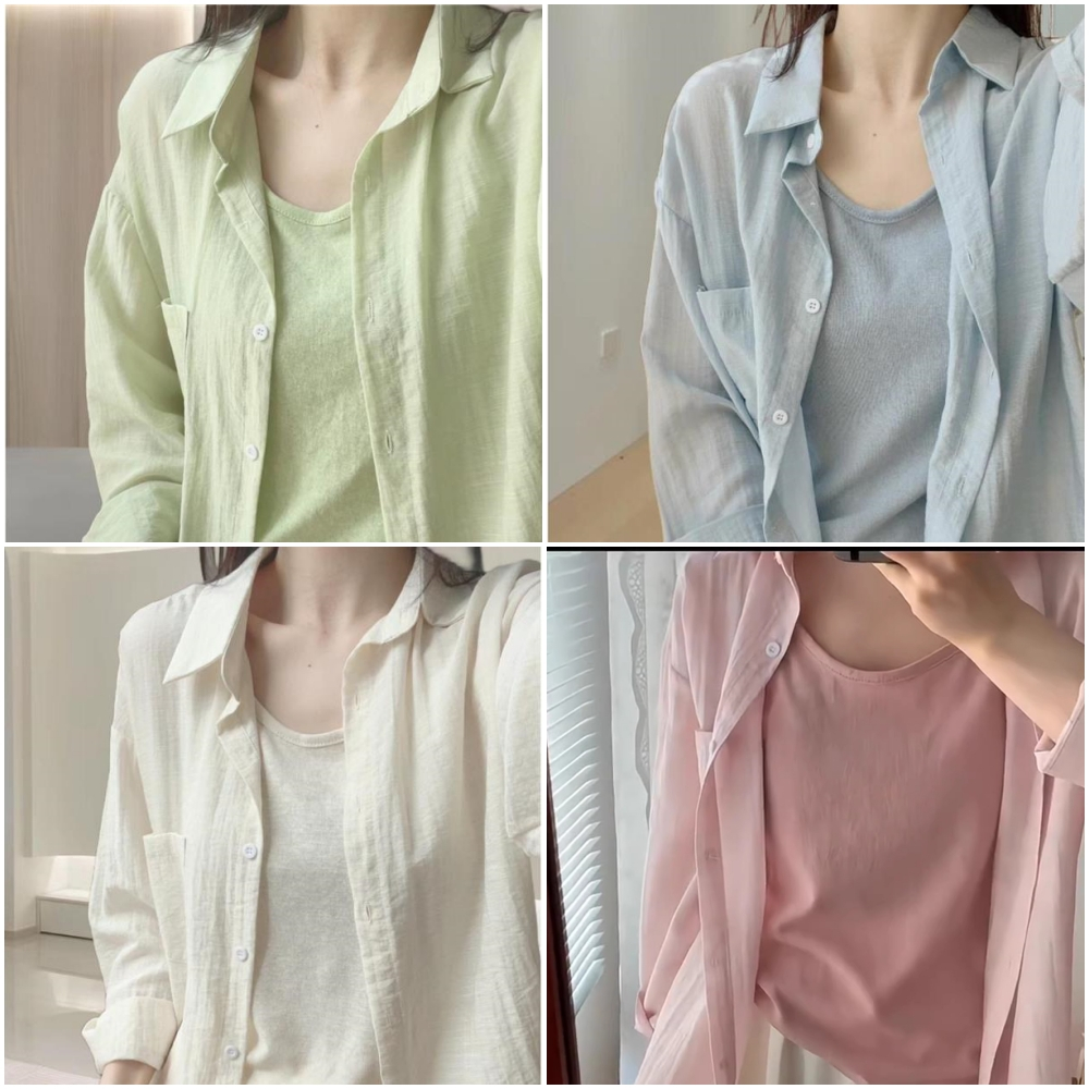 PBB113 เสื้อเชิ้ตแฟชั่นผ้าบางสวยใส่คลุม แฟชั่นสาวๆ มี4สี ( FreeSize อก 44 ) แขนยาวคอปก ไม่ต้องรีด มีกระเป๋า1ข้าง ส่งไว