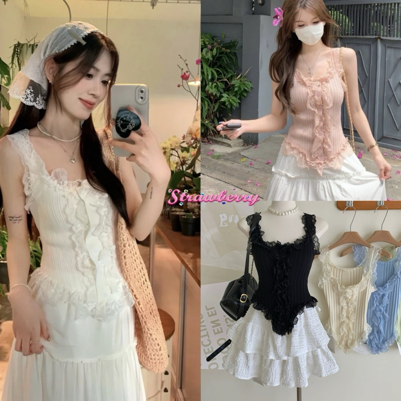 STR พร้อมส่ง เสื้อลูกไม้แฟชั่นผู้หญิง crop topเสื้อครอปแขนกุด ผ้าไหมพรหมแต่งระบาย ทรงเข้ารูป เสื้อกั๊กสาวหวาน สาวแซ่บ