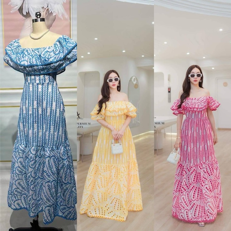 (s-4xl sale) เดรสยาว งานปักทั้งชุด เดรสปาดไหล่ งานป้าย ananya