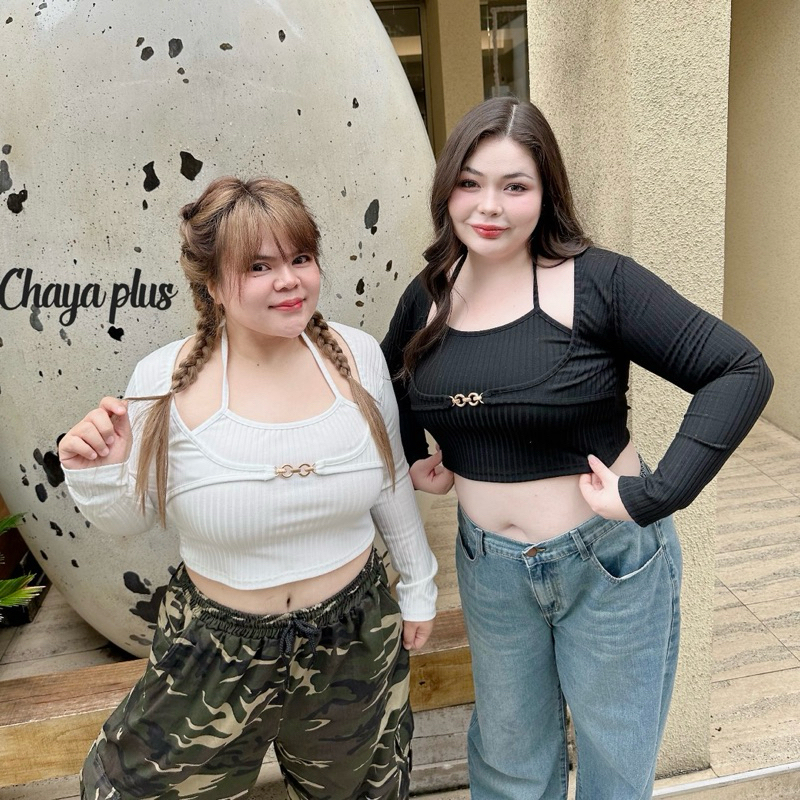 เสื้อครอปคล้องคอแขนยาว เสื้อครอปสาวอวบ อก36-50นิ้ว plussize