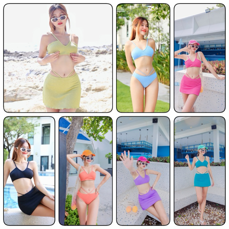 Clear stock ! Vivi Bikini set ( 3 pcs ) ชุดว่ายน้ำ บิกินี่ บราทรง V + กางเกงสายไขว้ ( เก็บก้น ) + กระโปรงเอวสูง