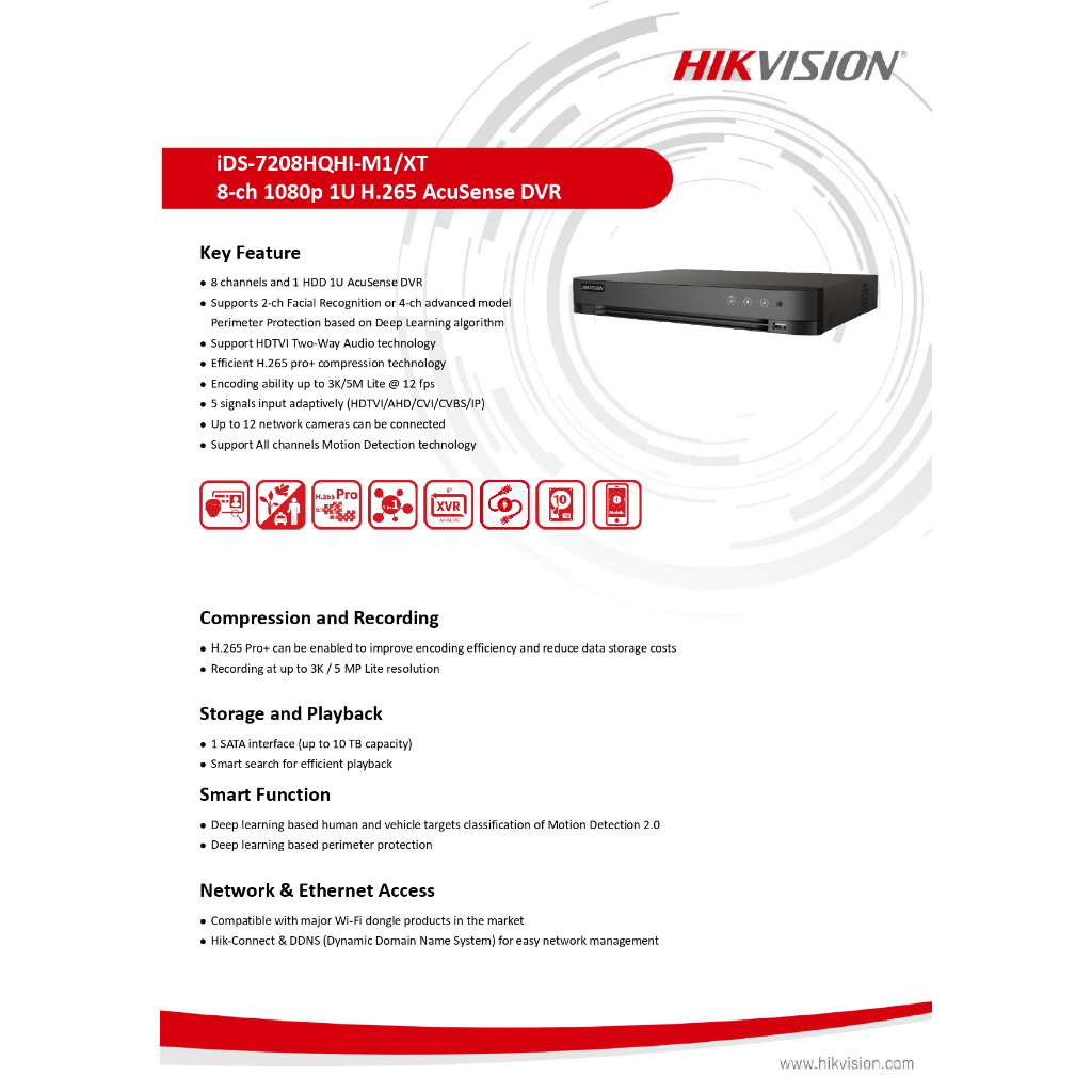 HIKVISION เครื่องบันทึก ระบบ HD รองรับกล้อง Two-Way Audio 8CH รุ่น iDS-7208HQHI-M1/XT รุ่นใหม่มาแทน iDS-7208HQHI-M1/S