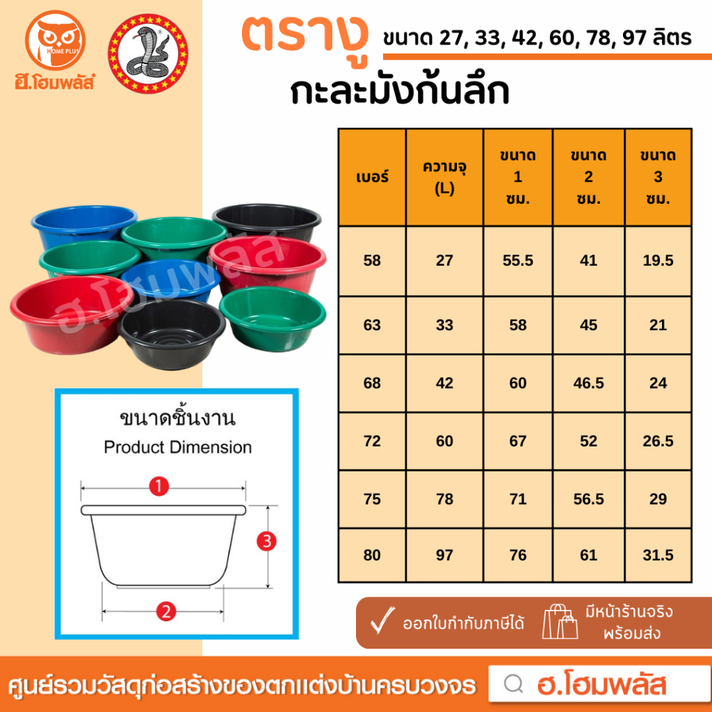 ตรางู กะละมังก้นลึก ขนาด 27, 33, 42, 60, 78, 97 ลิตร พลาสติกหนา เนื้อเหนียว คุณภาพดี คละสี พร้อมส่ง