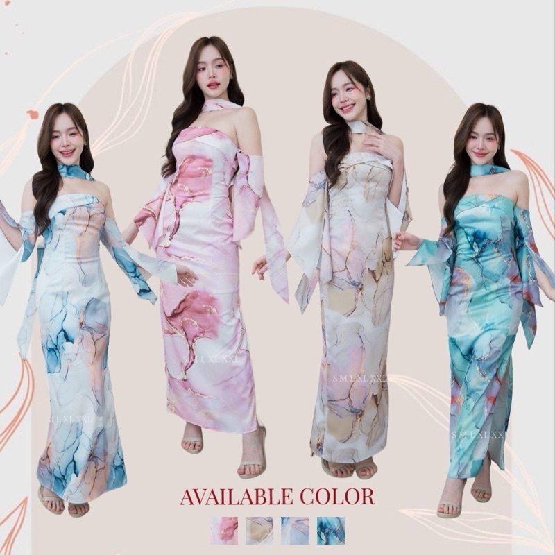 ชุดเดรส ชุดออกงาน ชุดราตรี F279 เกาะอกยาว แขนย้อย ผ้าพิมพ์ลาย