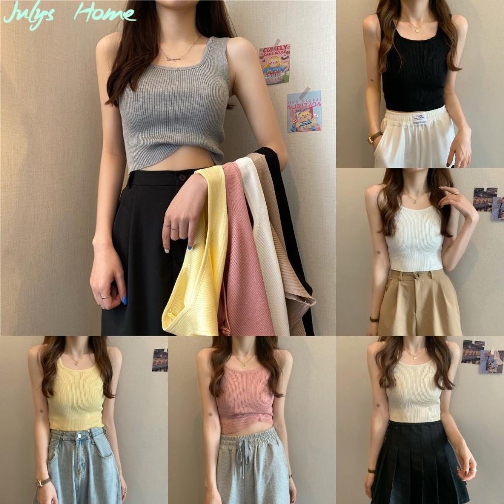 เสื้อกล้าม เสื้อครอปไหมพรม ผ้ายืดเยอะ ลอยเอว คอสี่เหลียม งานจั๊มขอบ โทนสีสวย #J2234