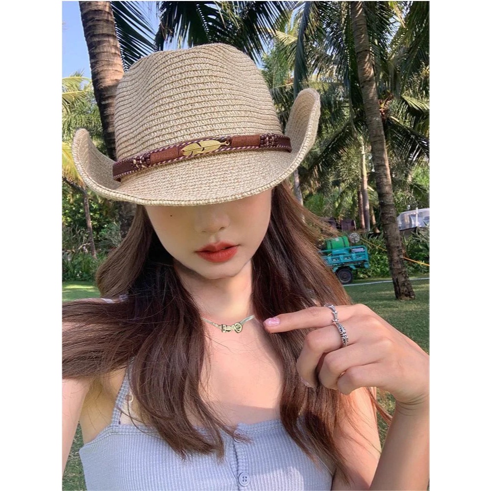 หมวกคาวบอย ปีกกว้าง แฟนซี สไตล์แฟชั่น หมวกคาวเกิร์ล B444 หมวกกันแดด ปรับได้ มีเชือกคล้องคอ สําหรับผู้หญิง ผู้ชาย ราคาถูก