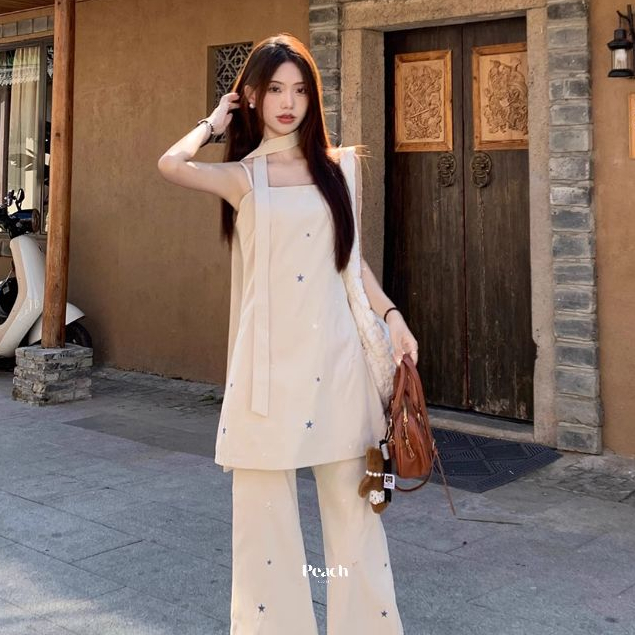 ชุดเซตใส่ได้2แบบ เป็นเซ็ตเสื้อเข้าเซ็ตกับกางเกงขายาว งานปักดาว