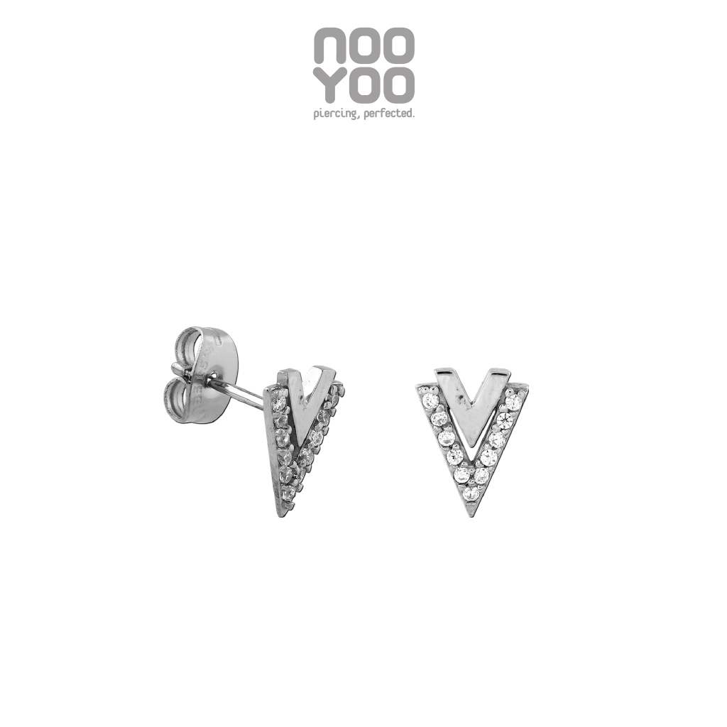 NooYoo ต่างหูสำหรับผิวแพ้ง่าย Double V with Crystal Surgical Steel