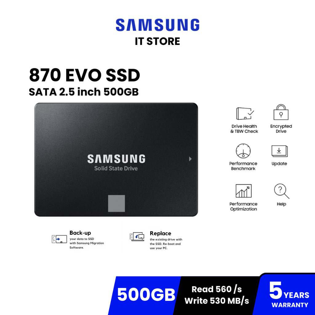 SAMSUNG 870 EVO SSD SATA 2.5" 560 / 530 MB/s ความจุ 500GB : 5Y (870 EVO / MZ-77E500BW)