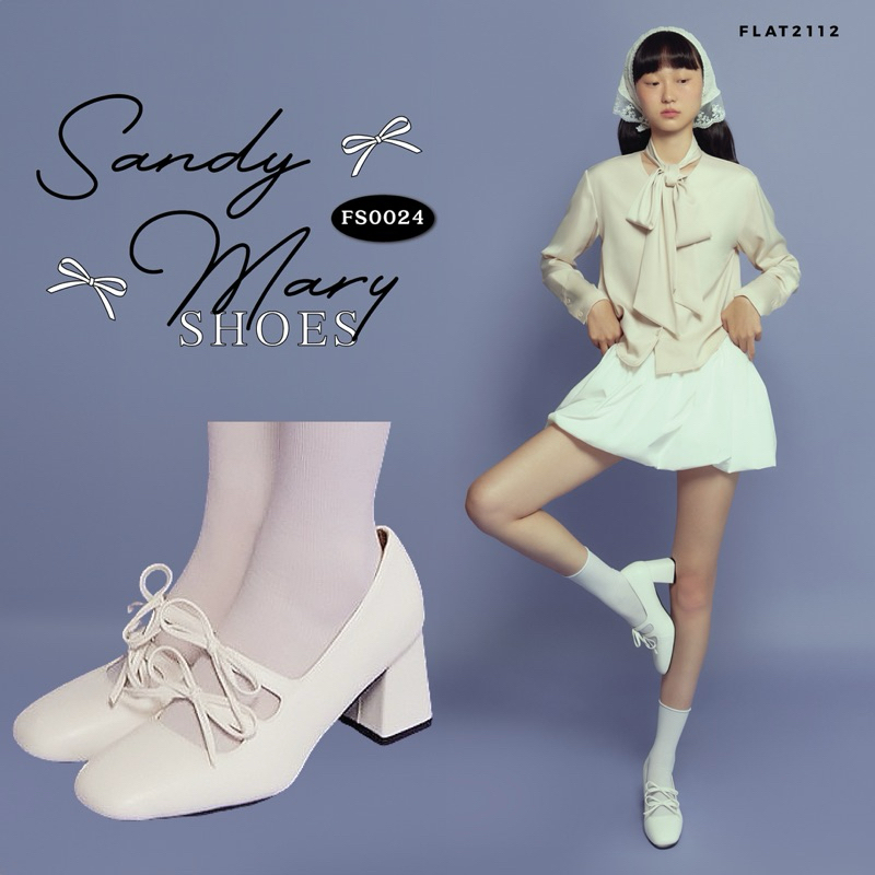 FLAT2112 FS0024 : SANDY MARY SHOES รองเท้าหนัง ส้นสูง สีขาว