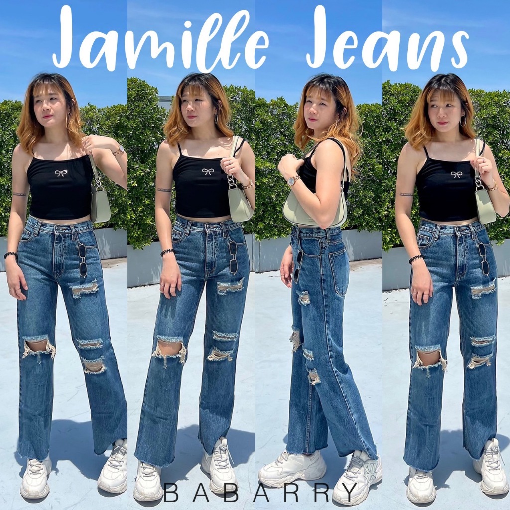 Babarry - Jamille Jeans (S-5XL) กางเกงขายาว ผญ ทรงกระบอก ขาด ผ้ายีนส์