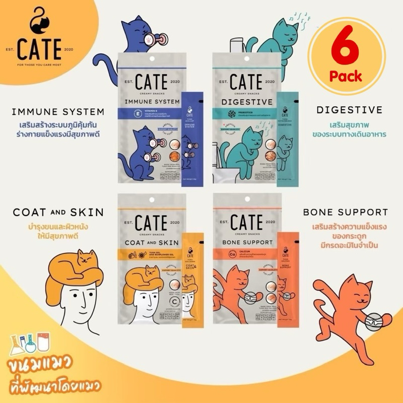 (6 แพ็ค) CATE เคท ขนมแมวเลีย ผสมวิตามิน คอลลาเจน พรีไบโอติก ไลซีน วิตามินอี แคลเซียม ดูแลสุขภาพ