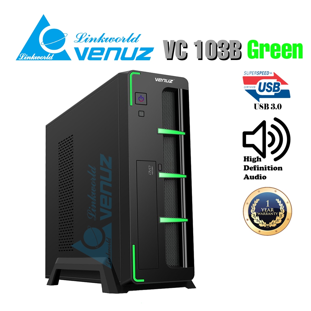 VENUZ Slim micro ATX computer case 103B Black/Green with PSU 200W