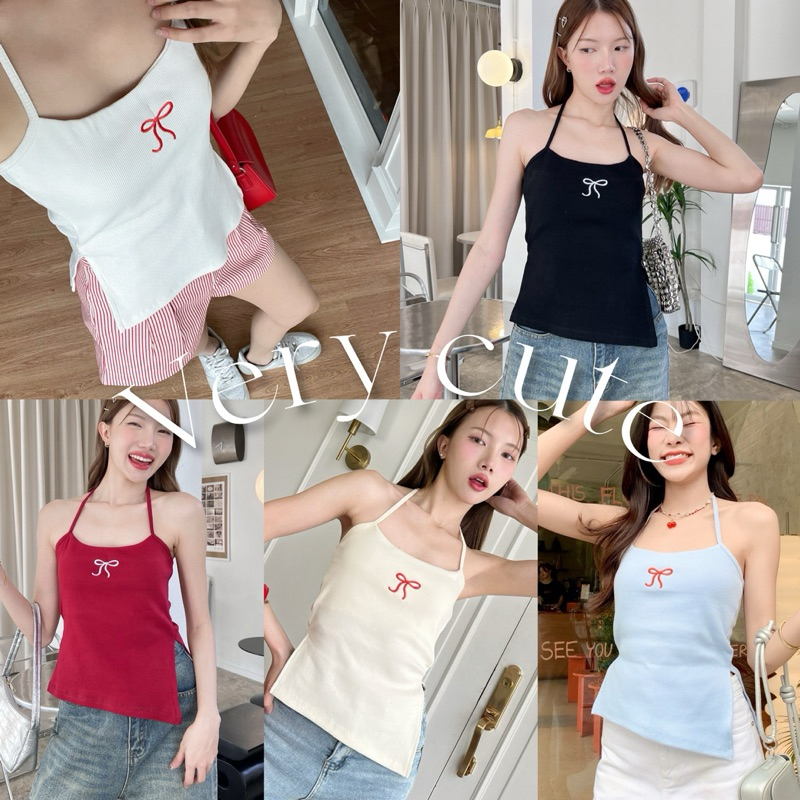 เสื้อสายเดี่ยว ผ้าริบหนายืดได้ดี แต่งทรงคล้องคอ ผ่าข้าง ด้านหน้าเฉียง/S1-2 /TOT-เฉียง
