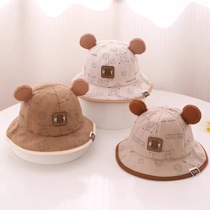 [พร้อมส่ง] หมวกเด็ก 10เดือน – 3ปี รอบหัว:48-50 cm. หมวกปีกรอบเด็ก ผ้าลูกฟูกพิมพ์ลายการ์ตูนหมี แต่งหูกลม หมวกแฟชั่นเด็ก