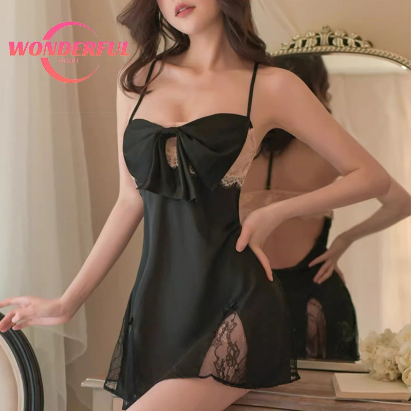Wonderful Night ชุดนอนเซ็กซี่ เดรสลูกไม้ ผูกโบว์ที่หน้าอก sexy เว้าหลัง (H9103)