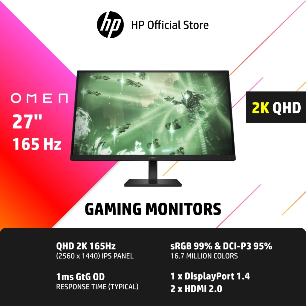 HP Gaming Monitor (OMEN 27q) 27" QHD (2560 x 1440 / 165 Hz) จอคอมเกมส์มิ่ง