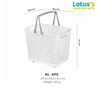 โลตัส ตะกร้าเหลี่ยม ลายหวาย มีล้อขาว NO.4213 สีขาว LOTUS'S LOUNDRY BASKET WITH WHEEL WHITE NO. 4213