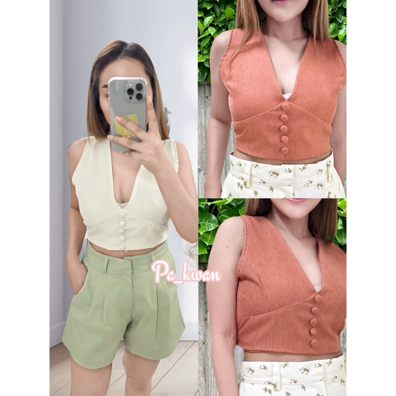 ถูกที่สุด เสื้อครอปคอวี ผ้าลินินฝรั่งเศส พร้อมส่งราคาถูกมาก