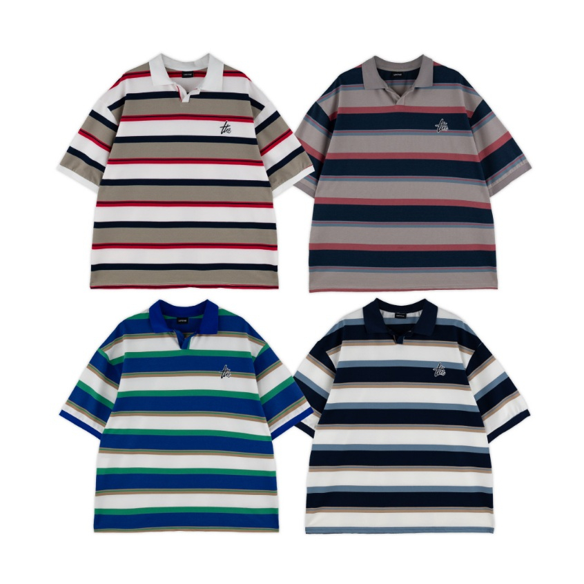 URTHE - เสื้อโปโล Oversized แขนสั้น ปักโลโก้ รุ่น MODERN STRIPE 2.0