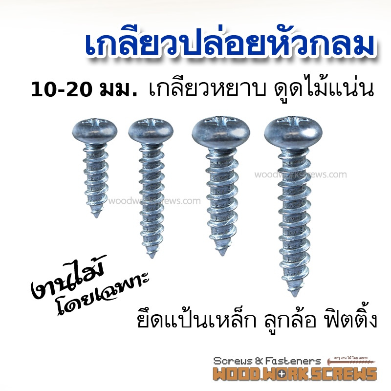 สกรูหัวกลมงานไม้ 2-6หุน (6-20มม.) ติดแป้นเหล็ก ลูกล้อ งานพลาสติก และอุปกรณ์ฟิตติ้ง ตะปูเกลียว เกลียวปล่อยงานไม้ DIY