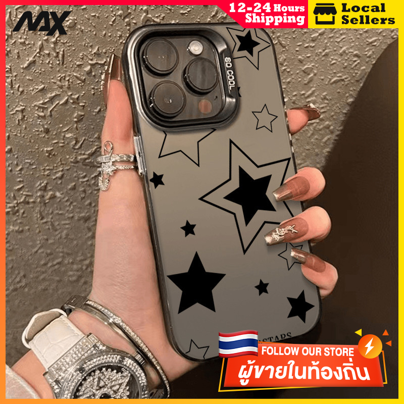สีดำหรูหราซิลิโคนแข็งกรณีโทรศัพท์ สีดำและสีขาวดาว for IPhone 13 12 7Plus 14 15 11 Pro MAX 8 6 7 6S Plus X XR XS