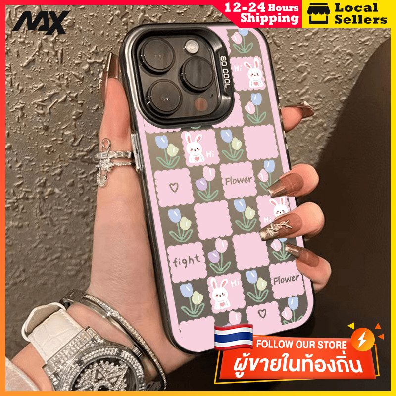 สีดำหรูหราซิลิโคนแข็งกรณีโทรศัพท์ กระต่ายและดอกไม้ for IPhone 13 12 7Plus 14 15 11 Pro MAX 8 6 7 6S Plus X XR XS