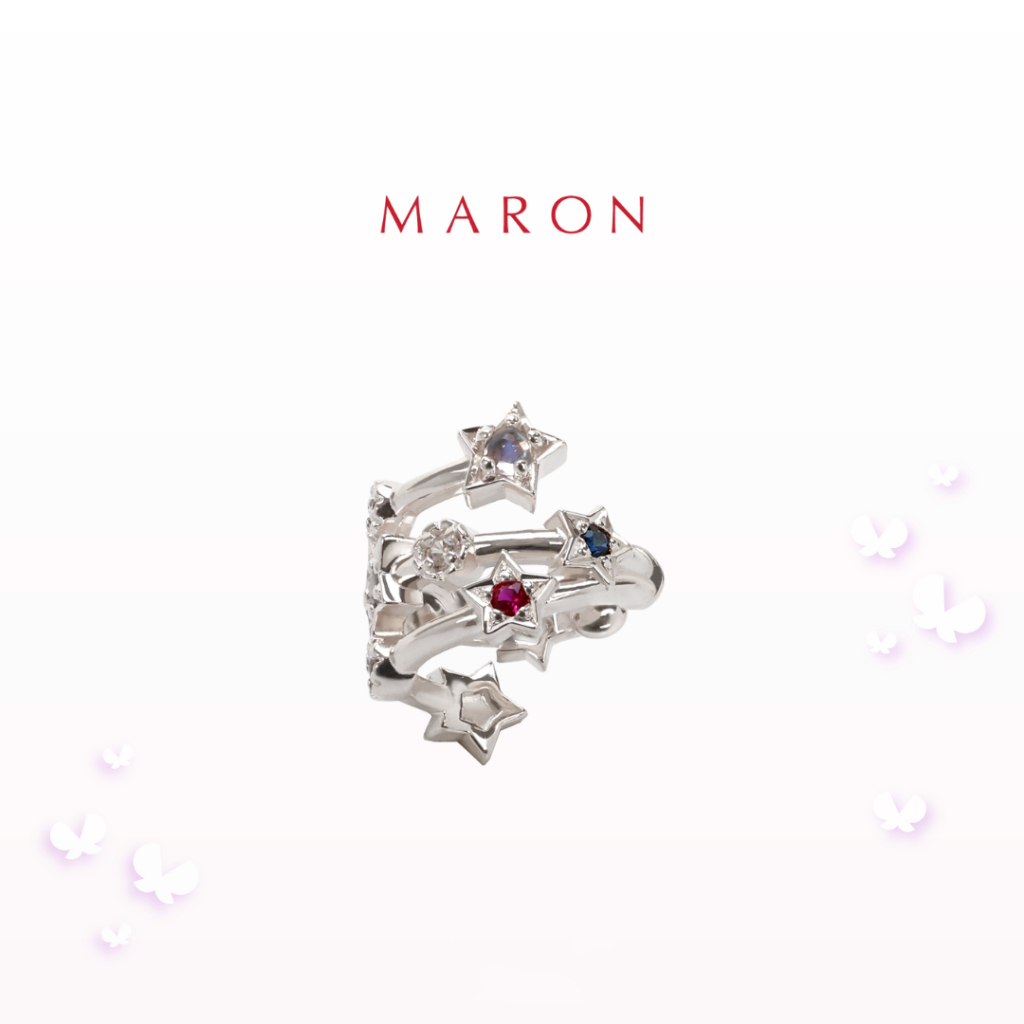 MARON - Nine Lucky Stars Cross Earcuff ชุบไวท์โกลด์ ต่างหูดาวนพเก้า เสริมดวง เงินแท้925