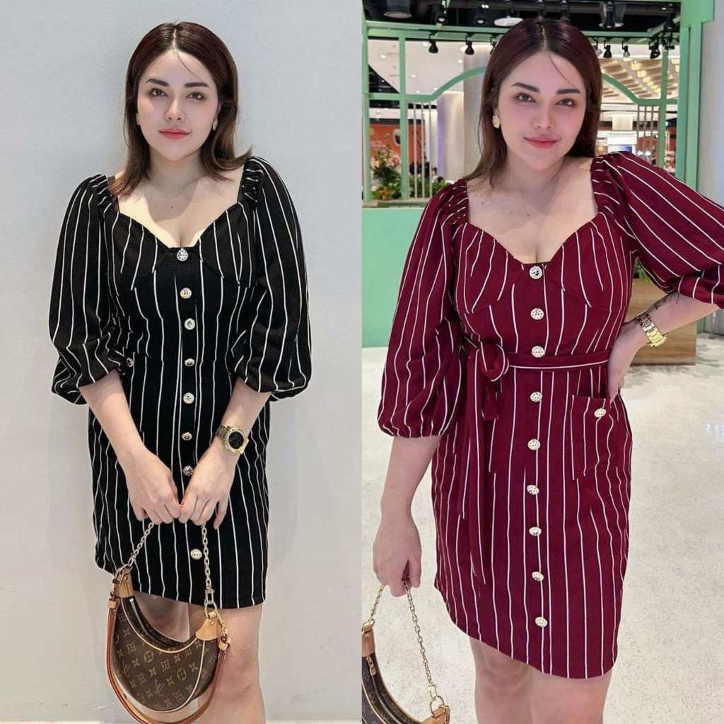 เดรสลายริ้ว แขนพอง กระเป๋าหน้า มีเชือกผูกสาวอวบ Dress62 เสื้อผ้าผู้หญิง สาวอวบ Clothing Lady