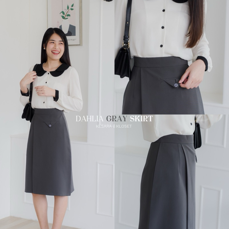 กระโปรงทำงานเอวสูง ทรงป้ายหน้าแต่งกระดุม ยาว24' Dahlia Skirt