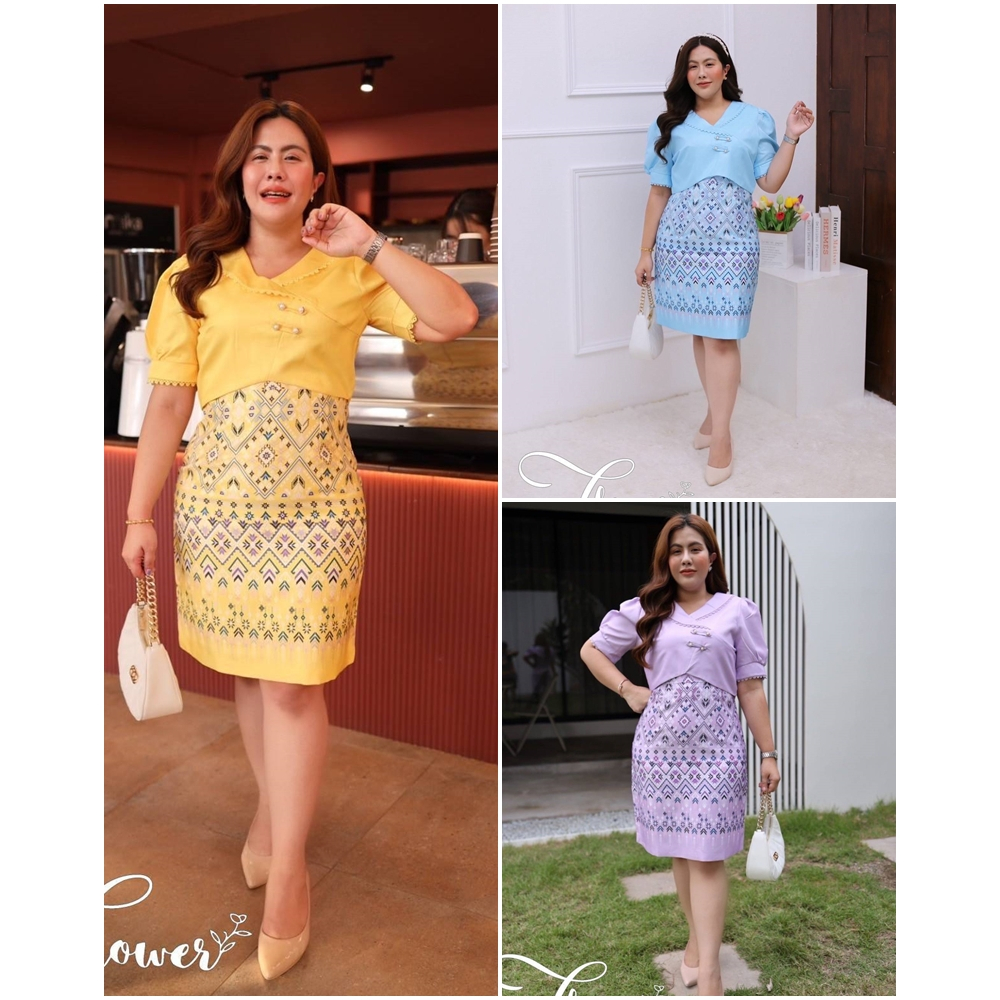 เช็ต2ชิ้น ผ้าไทยพิมพ์ลาย ซับในทั้งชุด ใส่ทำงานสวยๆ ชุดออกงาน ชุดใส่ทำบุญ สวยหรูหราดูแพงสุดๆ เสื้อผ้าสาวอวบ พลัสไซส์