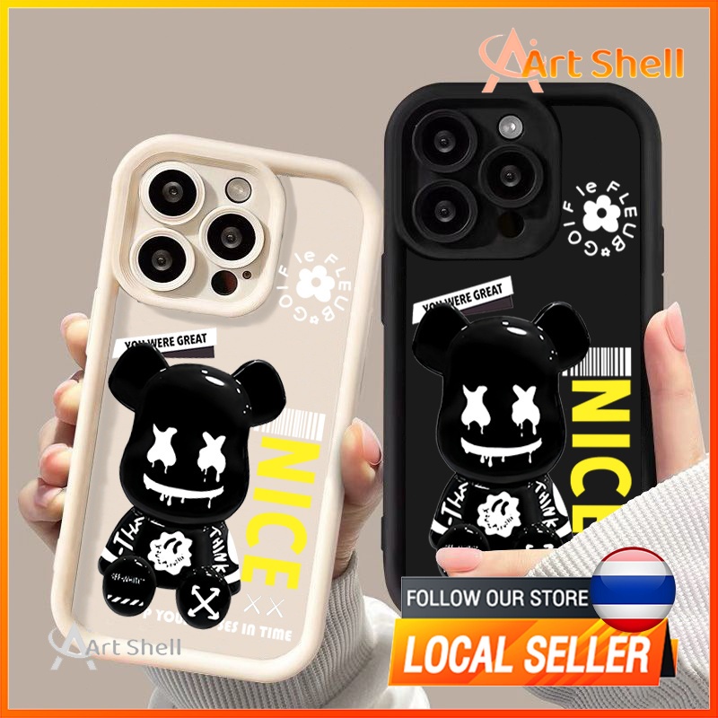ส่งจากไทยเคส iphone 7P 8P 11 13 14 Pro Max กล้องป้องกันมิตรกับสิ่งแวดล้อมกันกระแทกดอก หมีดำ