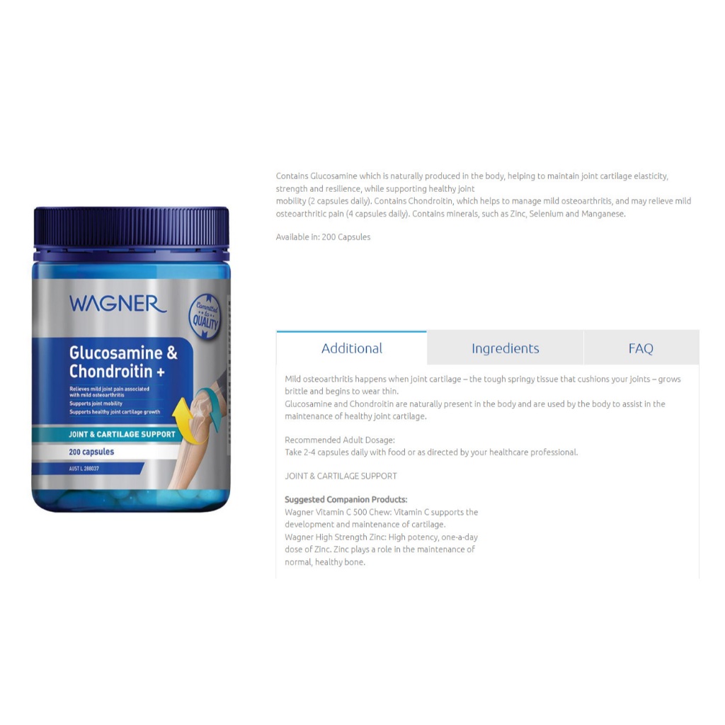 Wagner Glucosamine & Chondroitin + 200 Capsules รักษาความยืดหยุ่นของข้อต่อ สนับสนุนการเคลื่อนไหว - รูปที่ 2