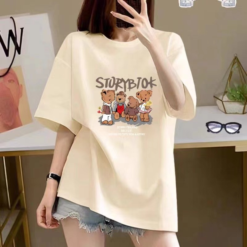 เสื้อยืดคอกลม แขนสั้น พิมพ์ลายการ์ตูน ทรงหลวม บาง เรียบง่าย แฟชั่นฤดูร้อน สําหรับผู้หญิง