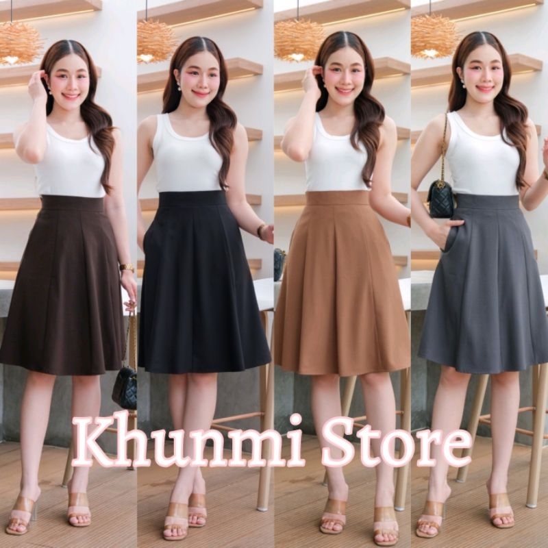 พร้อมส่ง กระโปรงเอวสูงทรงเอ 8 ชิ้น รุ่นมีกระเป๋า✨️ ยาว 25 นิ้ว 4 สี ซิปหลัง