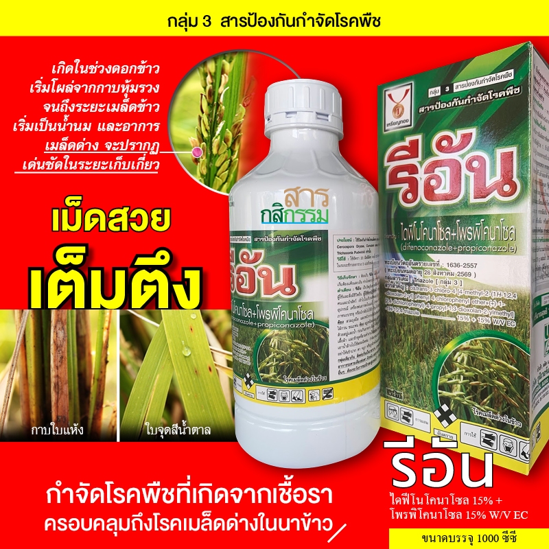 รีอัน : 1000 มิลลิลิตร. ไดฟีโนโคนาโซล15%+โพรพิโคนาโซล15% W/V EC ข้าวเต็มรวง น้ำหนักงาม