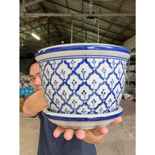 กระถางเซรามิคปากเรียบ ลายไทยสัปปะรดสีคราม (ไซต์ 8 นิ้ว) 100%…