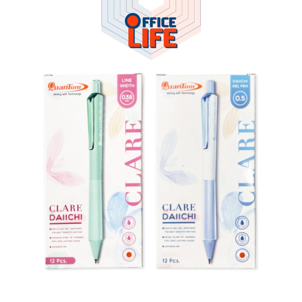 Quantum (ควอนตัม) ปากกาเจล รุ่น Clare แคลร์ หัว 0.38 / 0.5 มม. หมึกน้ำเงิน (12 ด้าม / กล่อง คละสีด้าม)