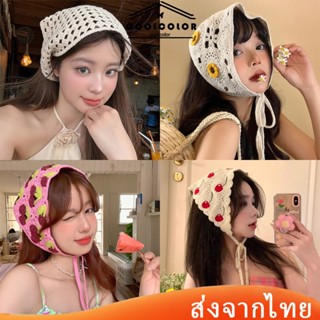 ในไทย💖ผ้าโพกหัวใหม่ผ้าถักทรงสามเหลี่ยมลายดอกไม้เครื่องประดับ…
